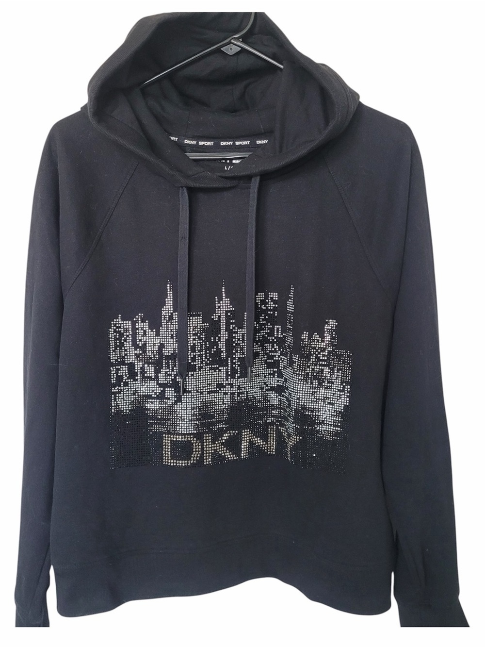 ✅ DKNY Sport Black Hoodie with Studded Cityscape Graphic fleece Lined size L
